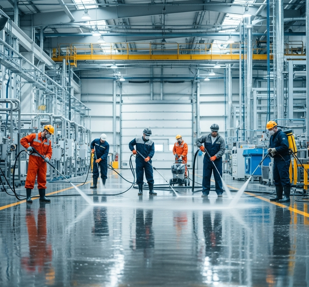 Technician cleaning industrial floor